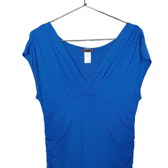 Joyce Leslie Shirred Bodycon Dress Size Large Blue Pluging V Neck Pullover Slit - Picture 6 of 10